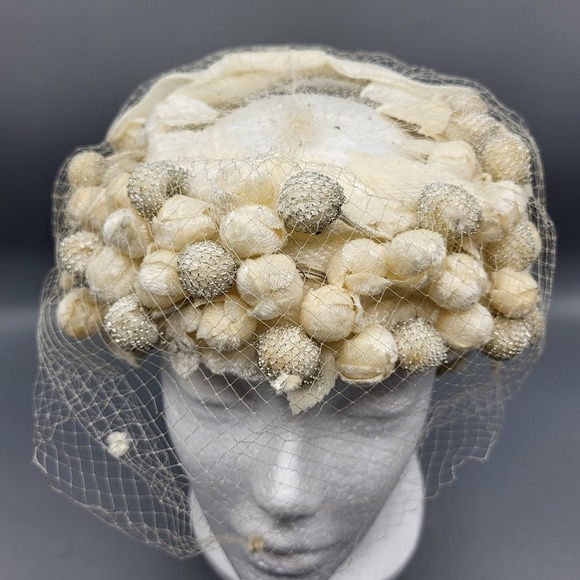 Vintage Ladies 1950s Lecie Womens Ivory Pom-Pom Net Hat Union Made USA main image 8